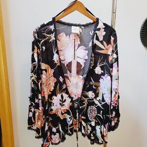 NWT Knox Rose SZ 2XL Floral  Bell Sleeve Open Front Kimono Style Duster W/tie